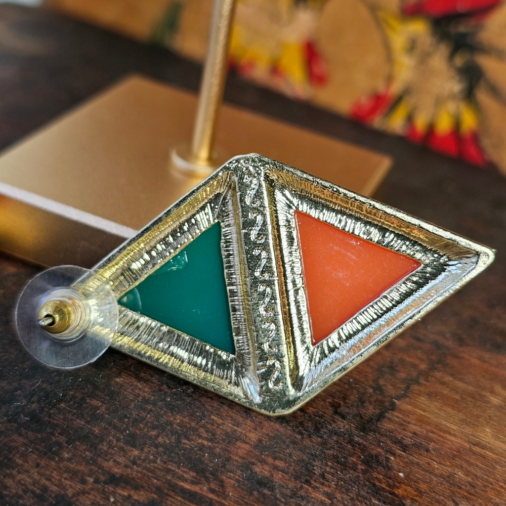 Green Orange Geometric Diamond Stud Post Earrings Women OS Colorblock Gold - Picture 4 of 5